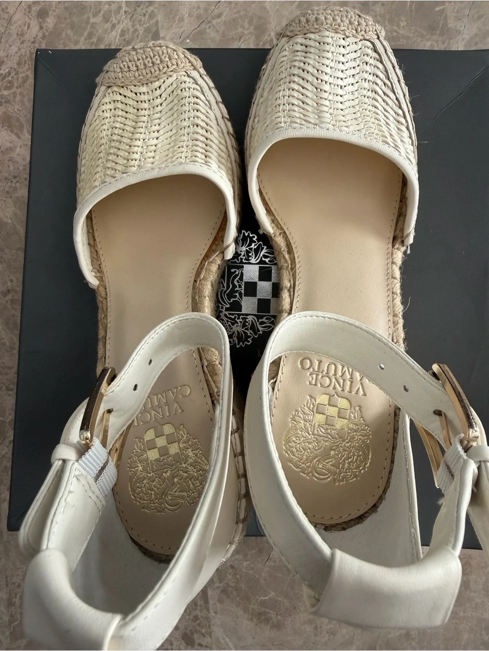 Vince Camuto Cream Woven Espadrille Sandals with Ankle Strap